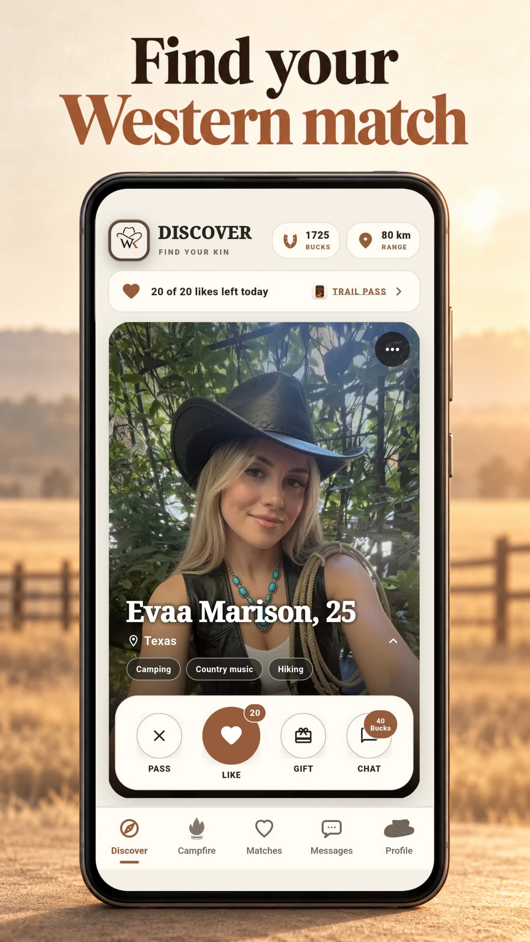 WestKin Discover promotional preview, showing a profile and shared interests