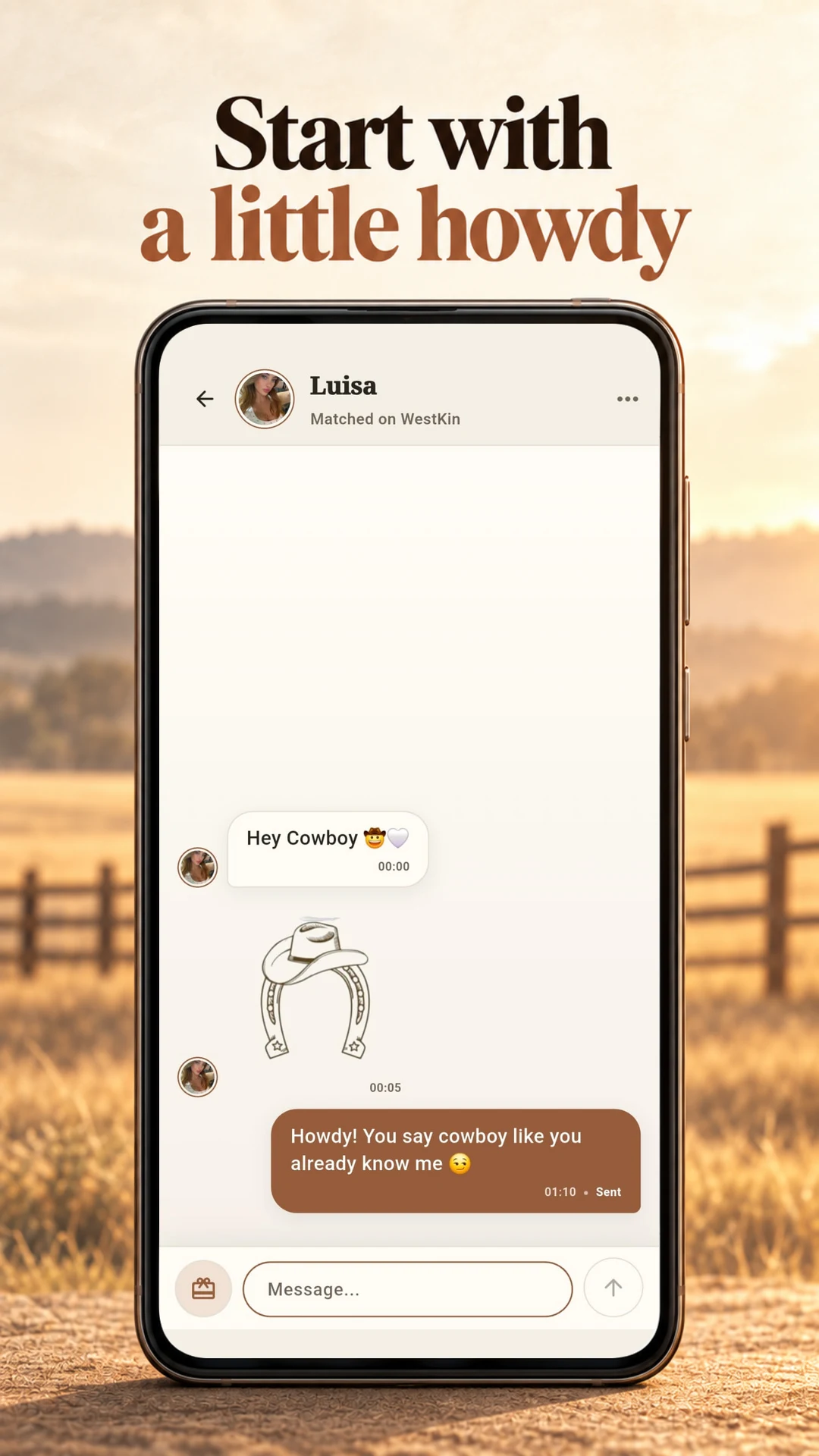 WestKin promotional preview of a matched conversation with messages and a Western gift